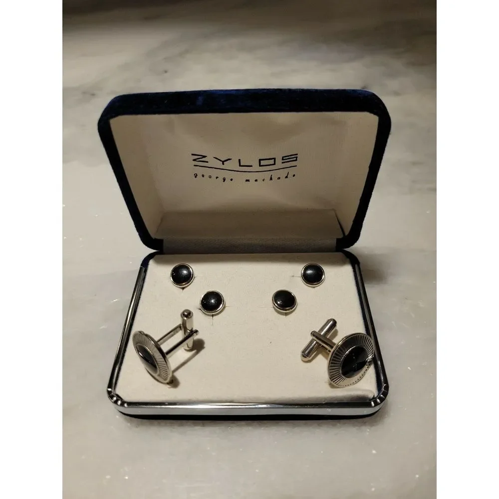 VINTAGE ZYLOS GEORGE MACHADO SILVER TONE & ONYX‎ CUFF LINKS SET